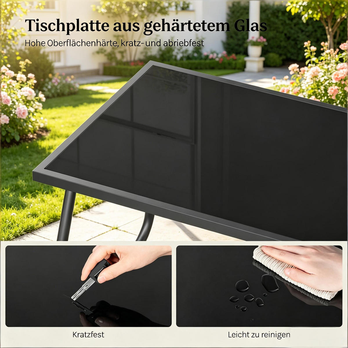 GARTENMÖBEL-SET Grau 4-teilig mit Glastisch & Armlehnen in Holz-Optik - Grau, Metall - PANGIVO