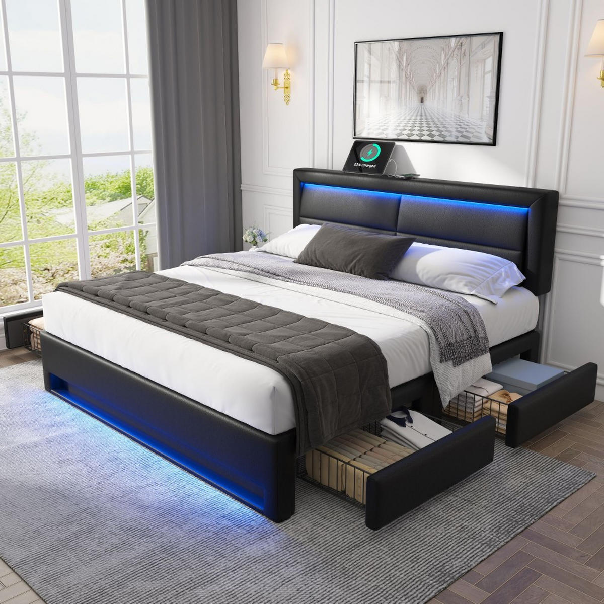 POLSTERBETT 140 x 190 cm mit LED-Beleuchtung in schwarz PU - Schwarz, Holz/Textil (140/190cm) - KOMHTOM