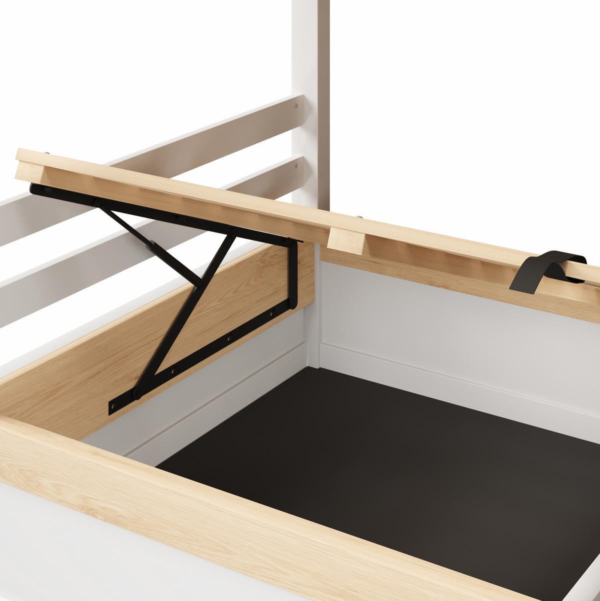 ETAGENBETT 90/200 cm mit hydraulischem Stauraum, Hausdesign und Bettgitter, Weiß/Natur - Weiß, Holz (90/200cm) - Redom