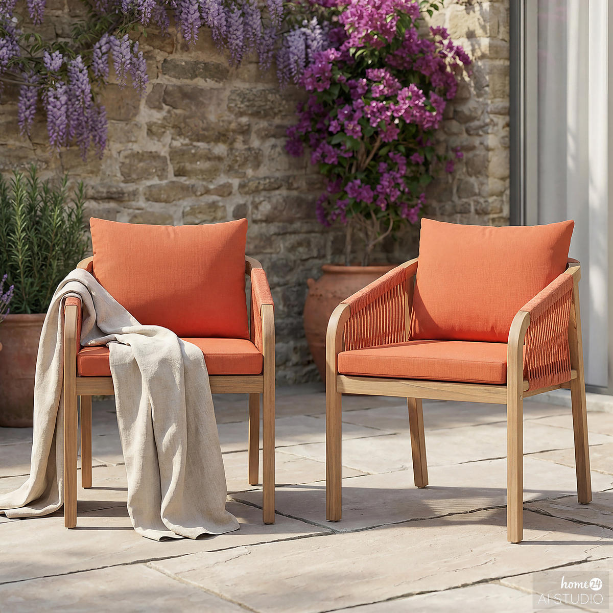 GARTENSTUHL - 2er-Set - Akazie massiv / Webstoff - Terracotta, Holz/Textil (58/77/62cm) - home24