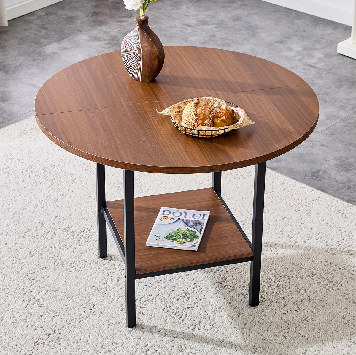 ESSTISCH aus MDF und Metall 100x100x77 cm Walnussfarben mit Stauraumablage im runden Design - Walnussfarben, Holzwerkstoff (100/100/77cm) - Modfu