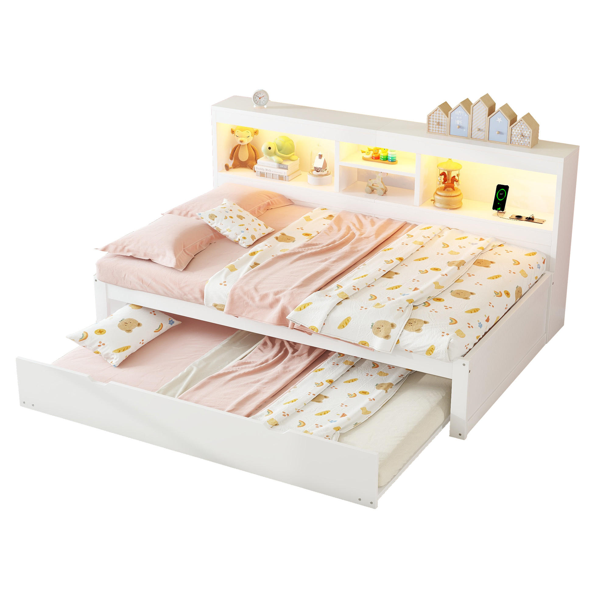 Modfu DĚTSKÁ postel z dřevotřísky a MDF 90x200 cm bílá s LED osvětlením, USB, výsuvným lůžkem a úložným prostorem