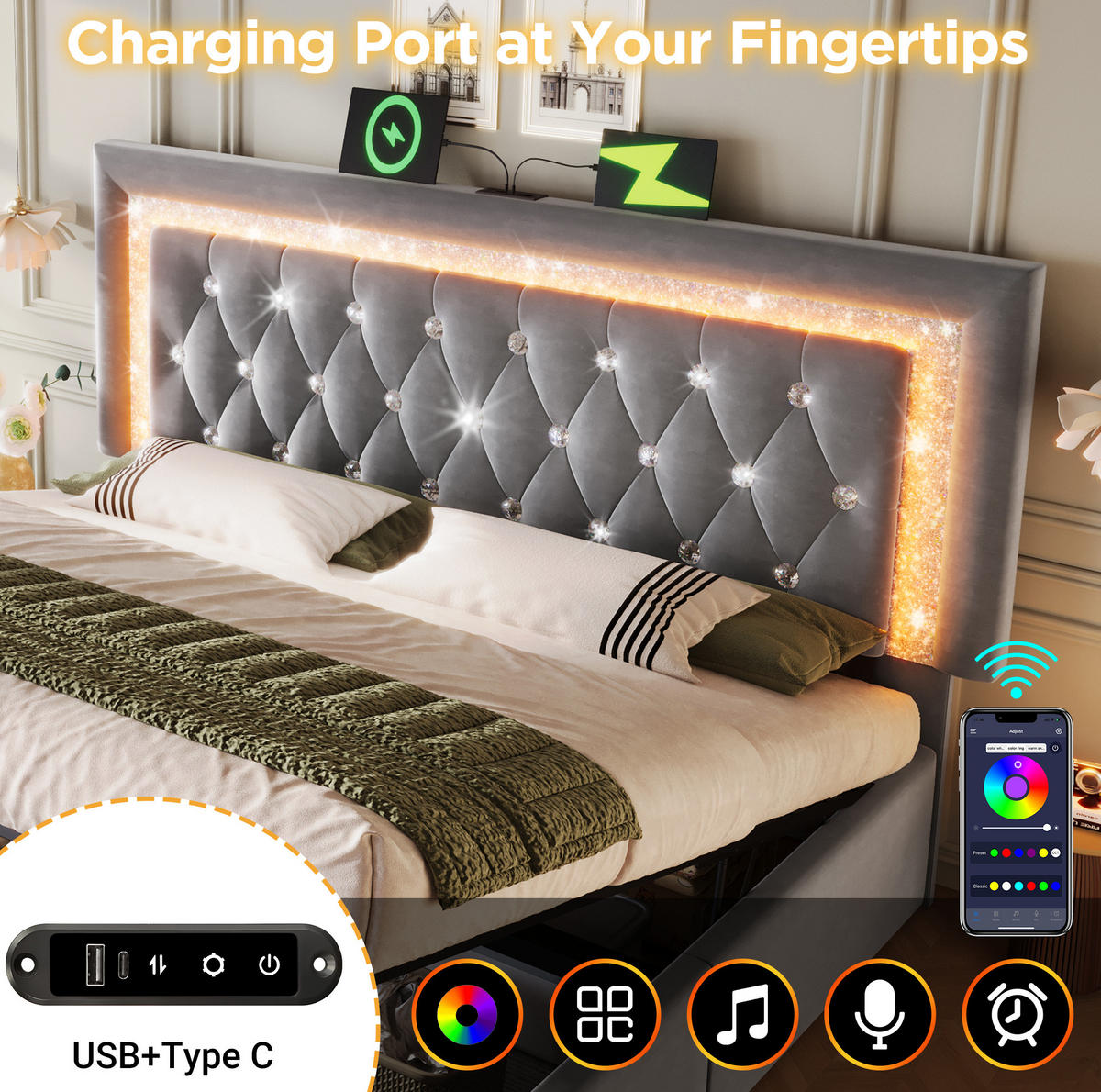POLSTERBETT 160/200 cm Grau aus Samt mit LED und Bettkasten - Grau, Textil (160/200cm) - OKMYHOME