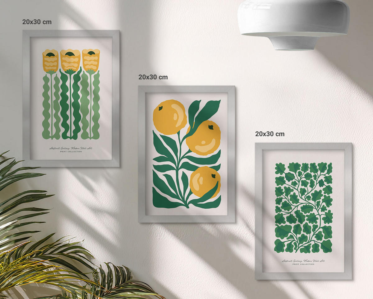 WANDBILDER 3er Set - 20x30 cm Silberner Rahmen - Pflanzenmuster Blüten Blätter - Silberfarben, Kunststoff (20/30cm) - ArtPrintCave