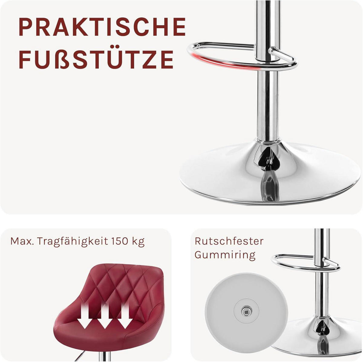 BARHOCKER 2er Set, Kunstleder,Höhenverstellbar, 360° Drehbar - Bordeaux, Metall (47/104/39cm) - Woltu