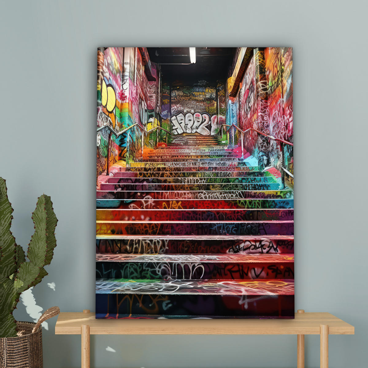 LEINWANDBILD Treppe - Graffiti - Farben - Kunst Wandbild Wohnzimmer 60x80 cm - Multicolor, Textil (60/80cm) - MuchoWow