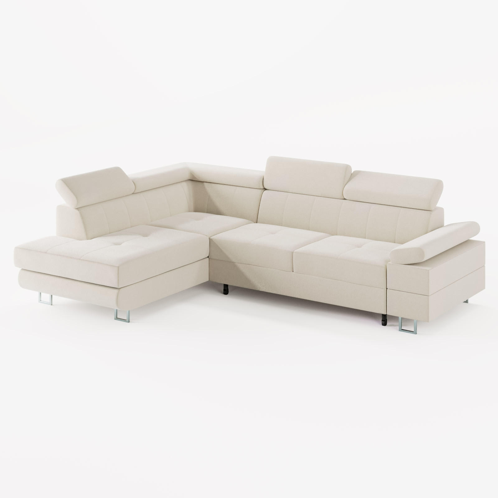 ECKSOFA CAROLINE Links Creme matter Veloursstoff mit Schlaffunktion und Bettkasten - Chromfarben/Creme, Textil (253/190cm) - Barchello
