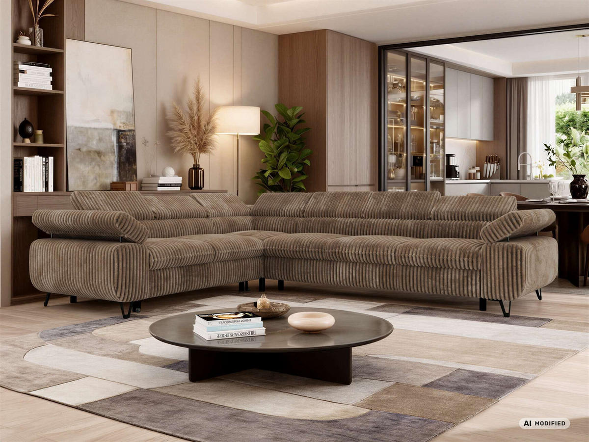ECKSOFA NORDEN L - Braun Cord - Rechts Seite - Schwarz/Braun, Textil/Metall (329/269cm) - MKS