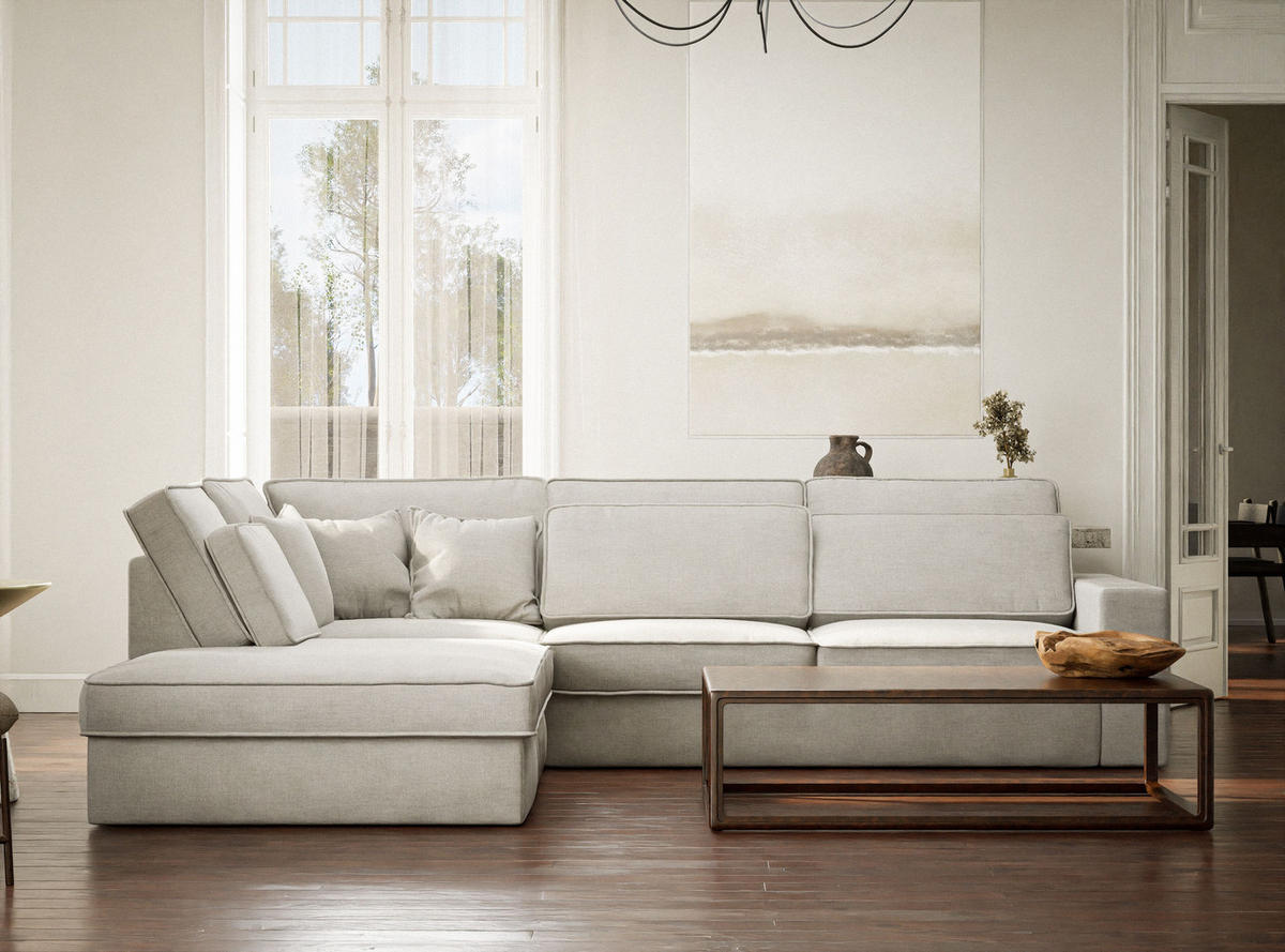 ECKSOFA Kirou Beige grau Chenille-Stoff - Links Seite - Greige/Schwarz, Holz/Holzwerkstoff (225/311cm) - Maison de Reve