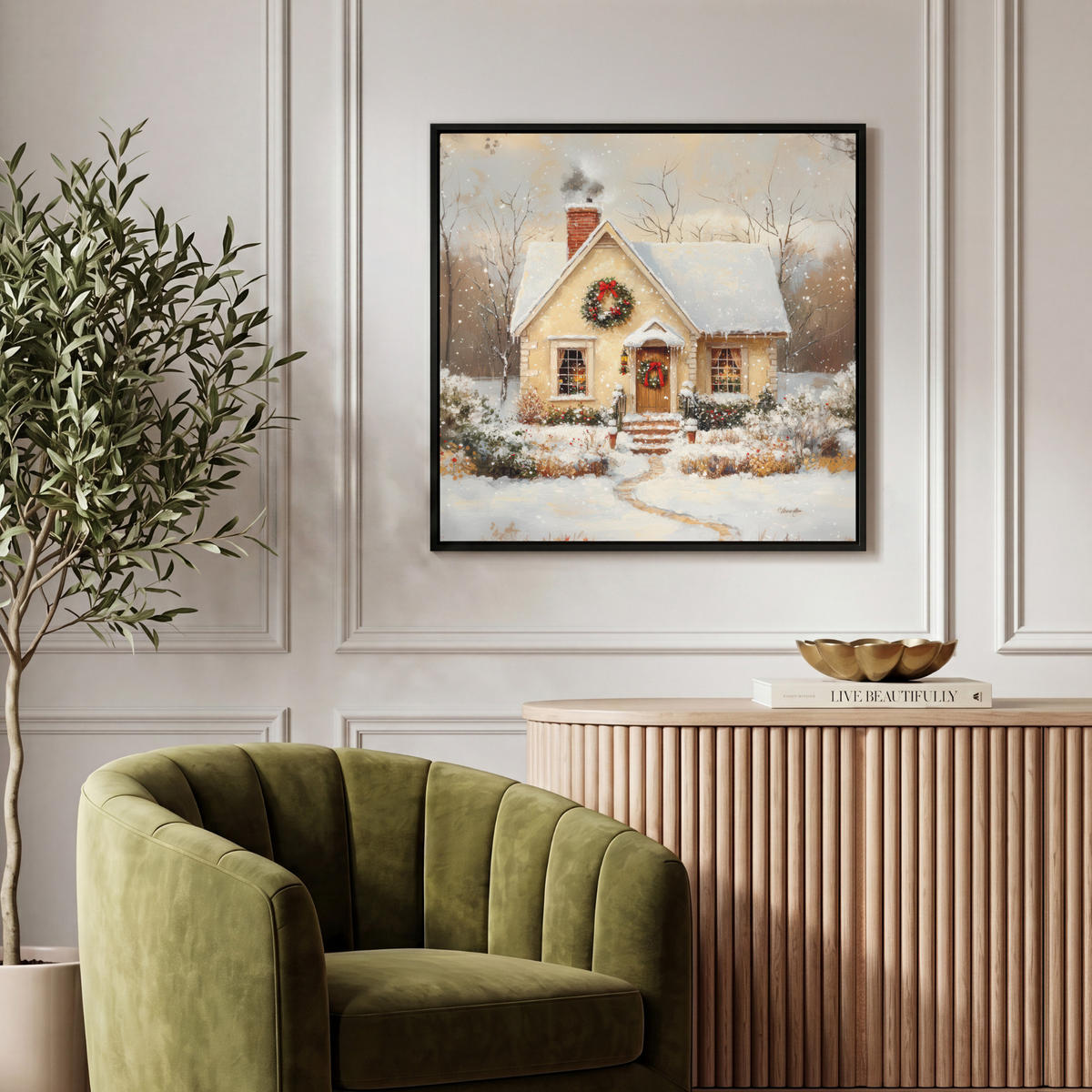 LEINWAND Bilder mit Rahmen - Weihnachten - Zuhause - Winter - Schnee - 50x50 - Creme, Textil (50/50cm) - MuchoWow