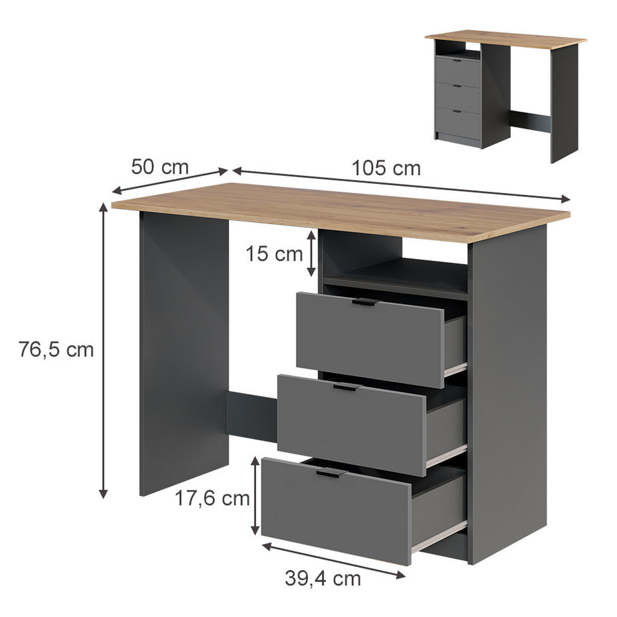SCHREIBTISCH Meiko Anthrazit/Artisan 105 x 50 cm mit Schubladen - Anthrazit/Eiche Artisan, Holzwerkstoff (50/105/76.5cm) - Vicco