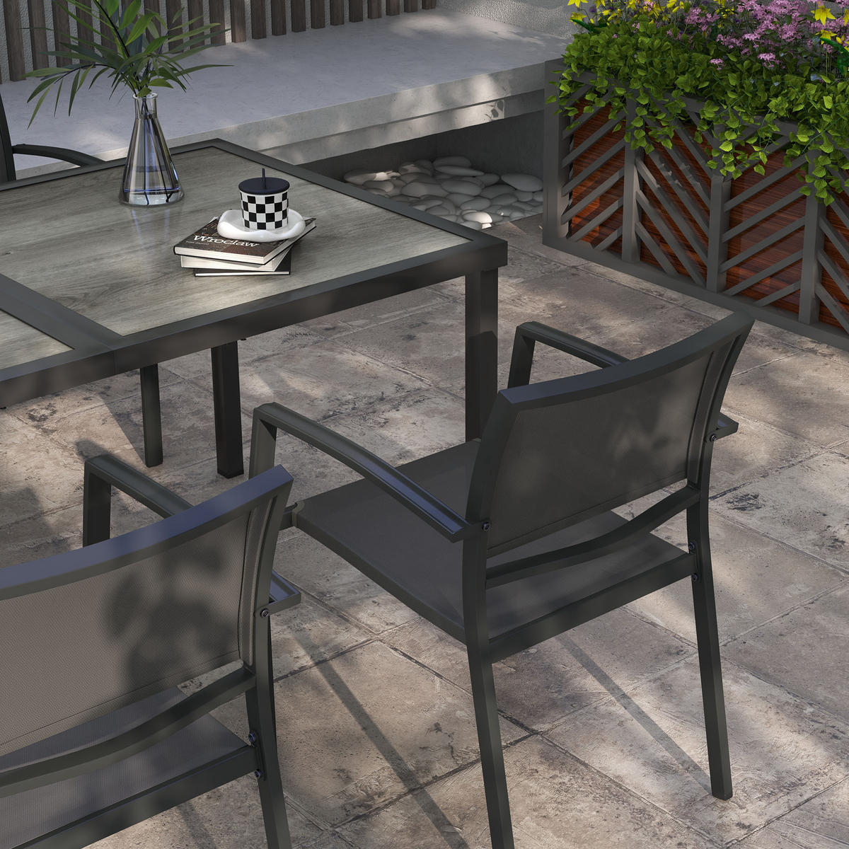 SITZGRUPPE Gartenmöbel-Set, 1 Esstisch, 4 stapelbaren Stühlen, Textil, Dunkelgrau - Grau, Textil/Metall - Outsunny