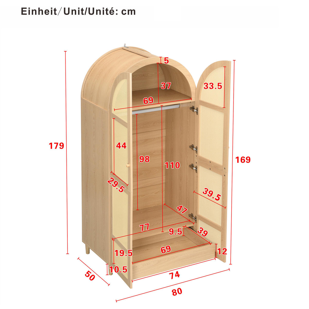 KLEIDERSCHRANK Gebogene Türen Stauraum Schubladen Schlafzimmer - Naturfarben, Holzwerkstoff (50/179/80cm) - FLIEKS