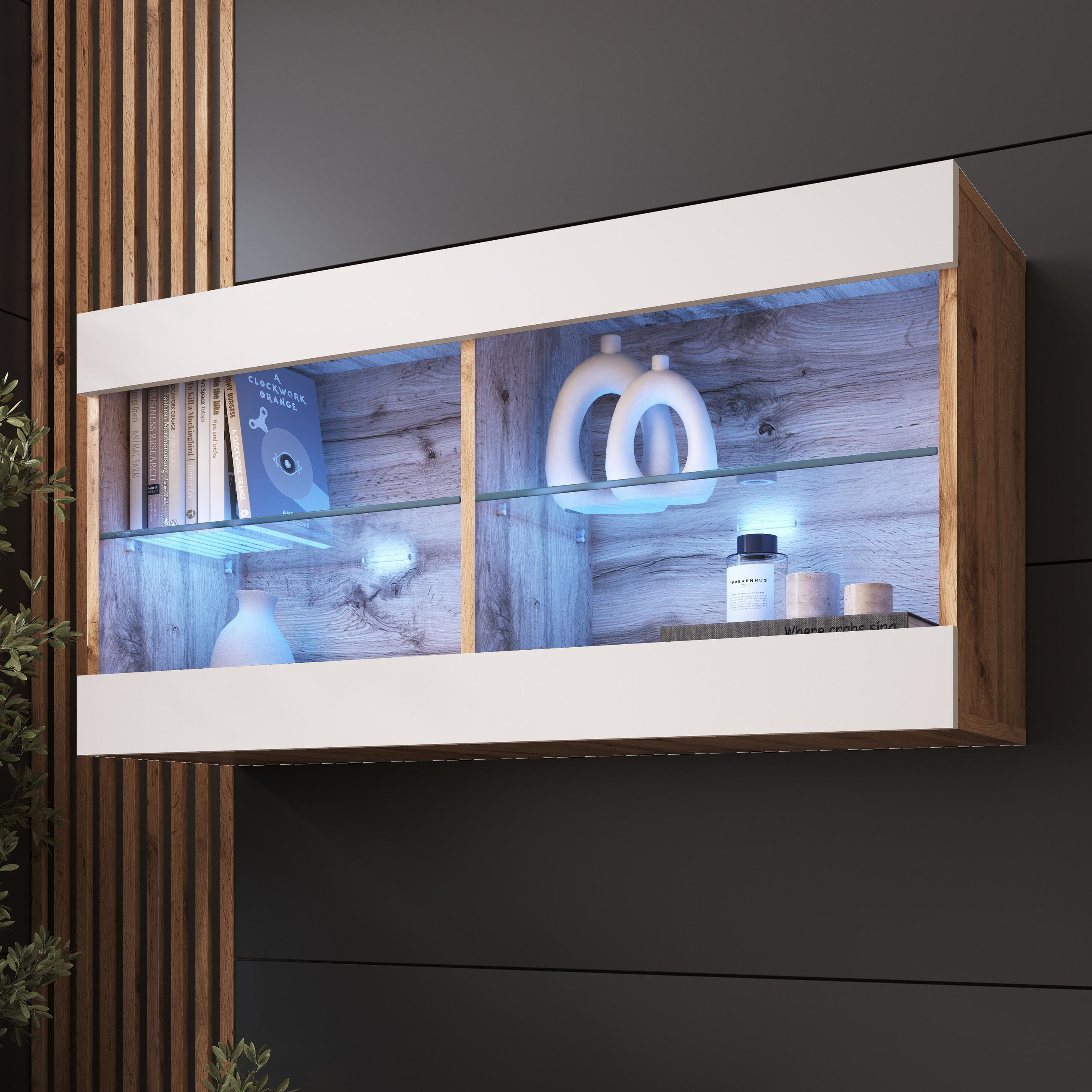 HÄNGEVITRINE TIVOLI HORIZONTAL 100, Weiss, LED Blau - Eiche Wotan/Weiß, Glas/Holzwerkstoff (100/50/29.5cm) - Komodee