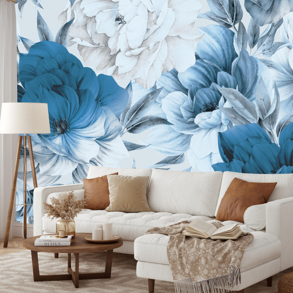 FOTOTAPETE für Wohnzimmer Blaue Pfingstrosen Zart Blumen Boho 500x350 - Blau/Weiß, Papier (500/350cm) - Muralo