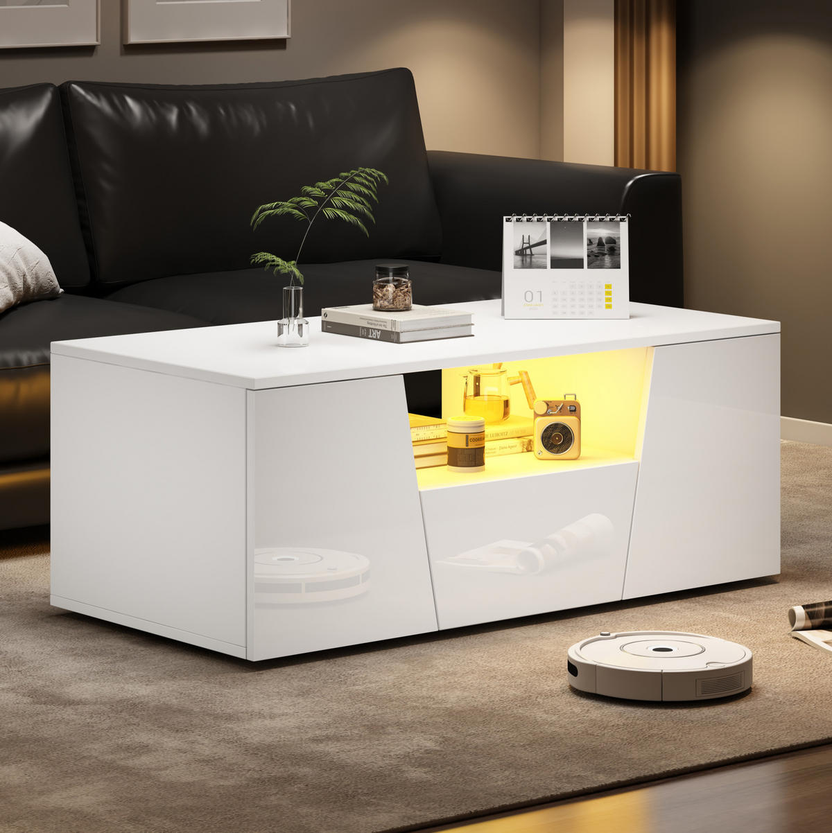 COUCHTISCH 100/50/40 cm Weiß aus Spanplatte mit LED-Beleuchtung - Weiß, Holzwerkstoff (100/50/40cm) - OKMYHOME