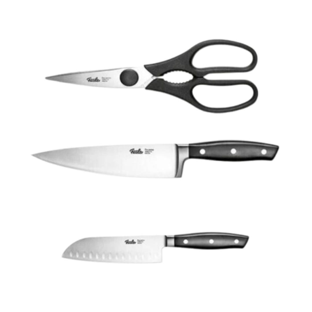 MESSERSET PROFI 3-tlg Santokumesser 16,5 cm Kochmesser 19 cm Küchenschere 20 cm Edelstahl Schwarz - Silberfarben/Schwarz, Kunststoff/Metall - Fissler