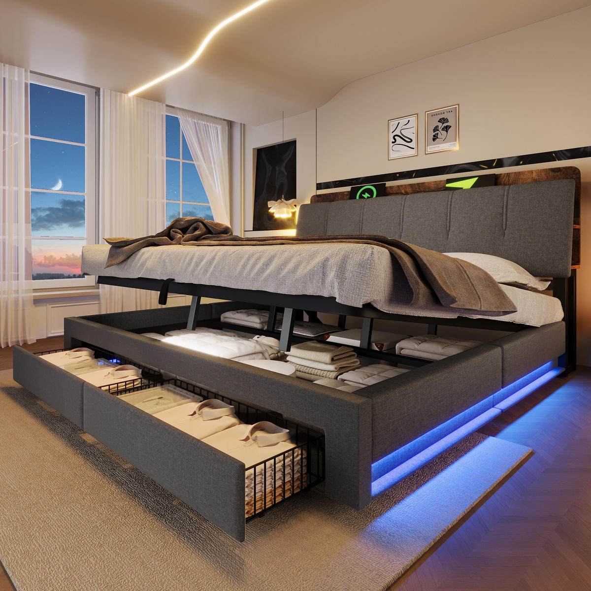 POLSTERBETT 180/200 cm Grau mit USB-Typ-C-Ladeanschluss, LED-Beleuchtung und 2 Schubladen - Grau, Textil (180/200cm) - Oxeza