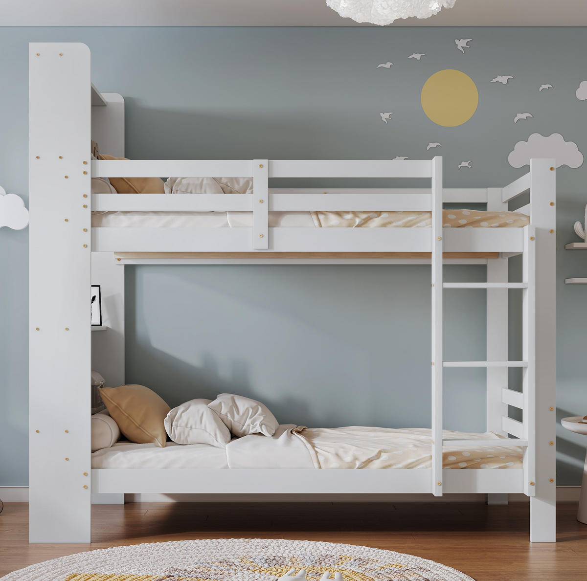 ETAGENBETT aus Massivholz und MDF 90x200 cm Weiß mit Regalen, rechtwinkliger Leiter und Stauraum - Weiß, Holzwerkstoff (90/200cm) - Modfu