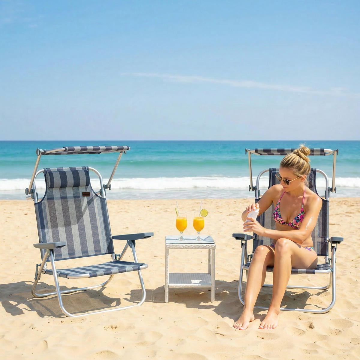 STRANDSTUHL mit sechsfach verstellbarer Rückenlehne und Sonnenschutz, blau-weißes Farbschema - Blau, Metall (62/79/68cm) - Vallsero