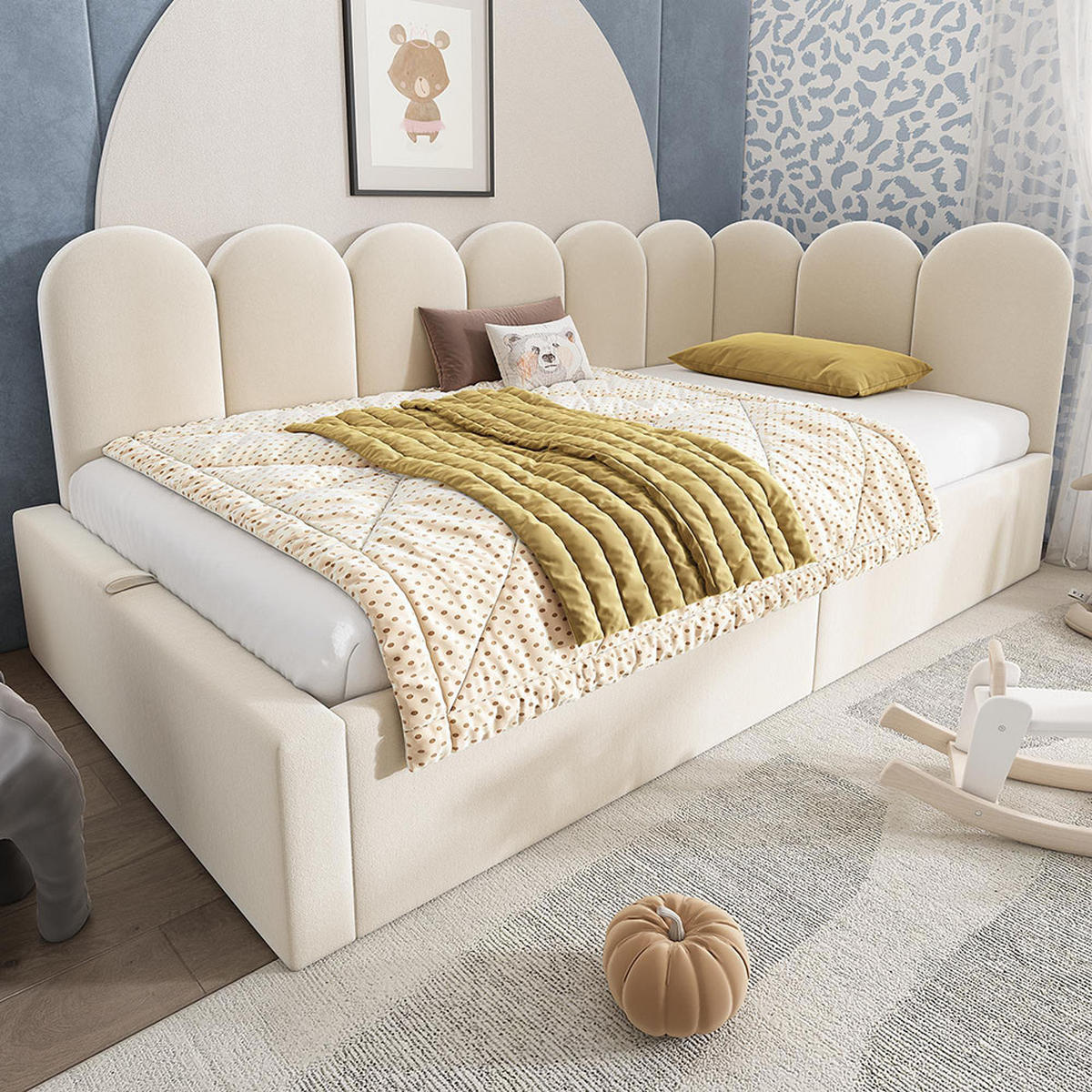 KINDERBETT 90x200 cm mit Metall-Lattenros in Beige - Beige, Textil/Metall (90/200cm) - KOMHTOM