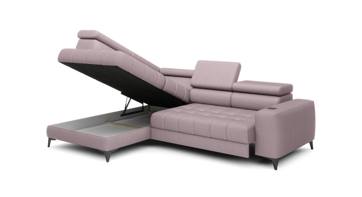 ECKSOFA BAGGIO Letto Stoff, Schlaffunktion, Bettkasten, Sitztiefe, Kopfstützen 280x196cm – Links – Puderrosa - Hellrosa, Holz/Textil (196/280cm) - DomoHome