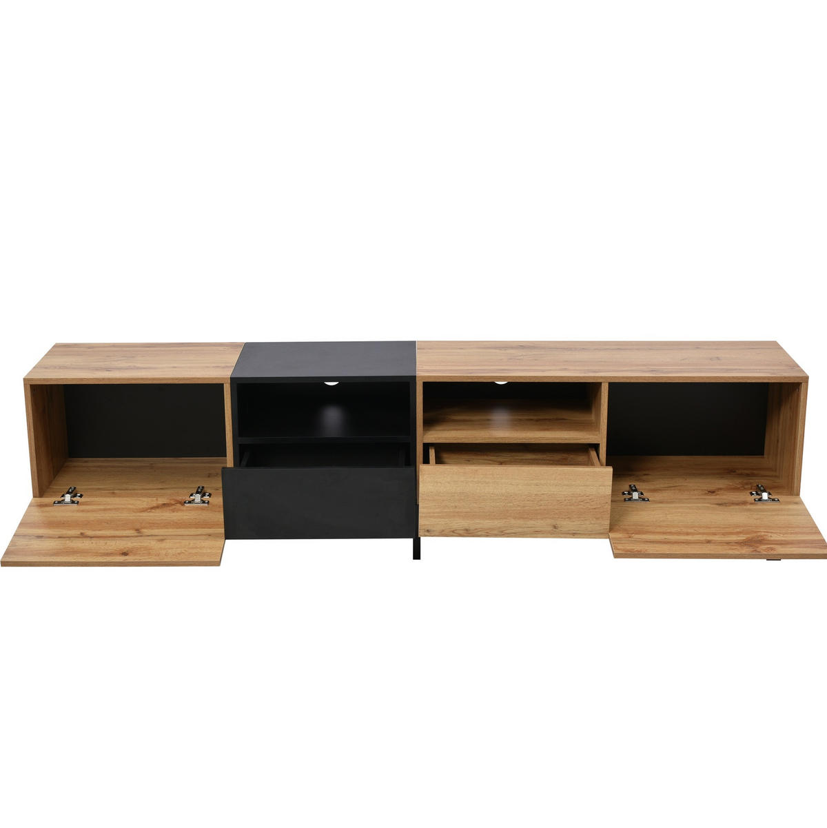 TV-LOWBOARD aus MDF 190x38x48 cm Schwarz/Naturholz mit 2 Türen, 2 Schubladen und viel Stauraum - Naturfarben, Holzwerkstoff (190/48/38cm) - Modfu