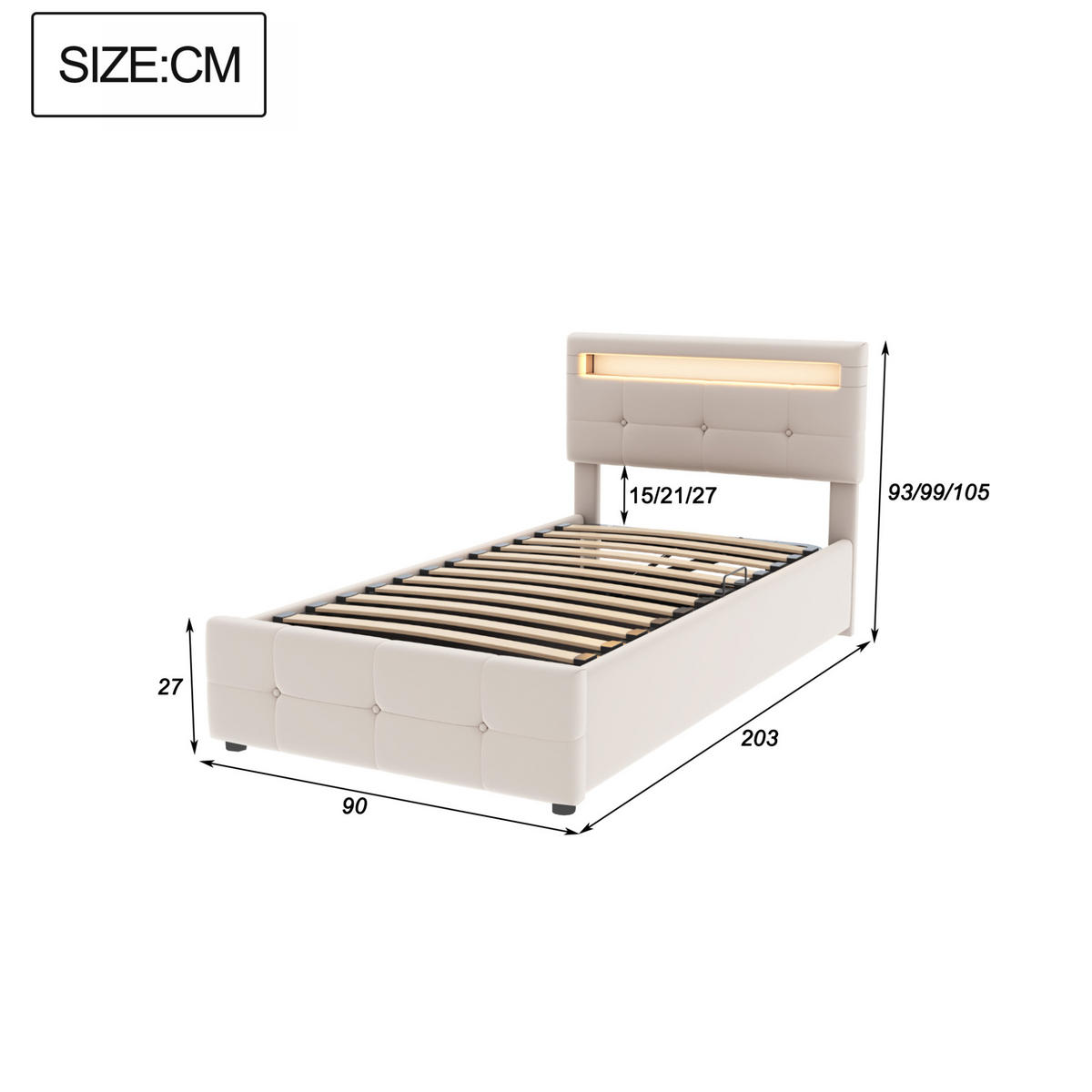 SAMT-POLSTERBETT 90/200 cm mit Bettkasten & LED-Beleuchtung, höhenverstellbares Kopfteil - Beige, Textil (90/200cm) - BEAOK