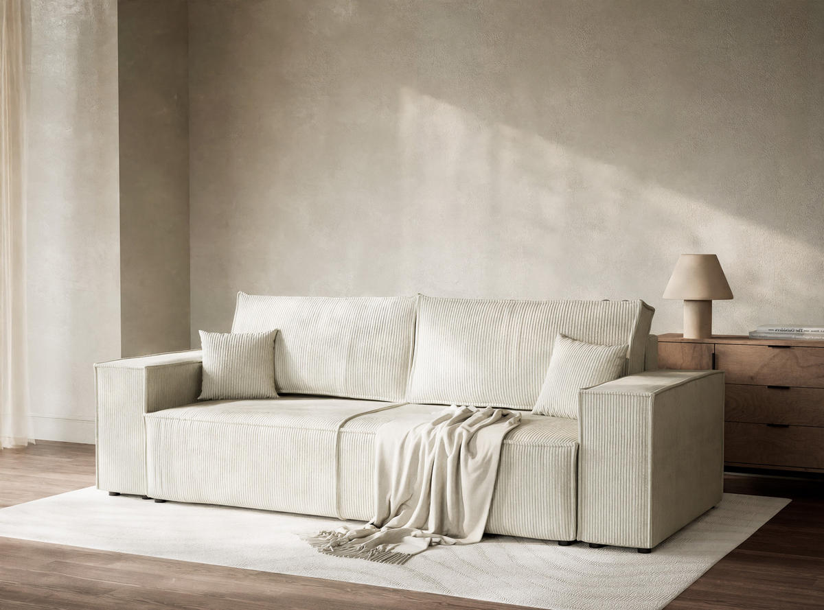 SOFA MIT SCHLAFFUNKTION Milos Creme Samtstoff - Creme/Schwarz, Holz/Holzwerkstoff (255/70/105cm) - Maison de Reve