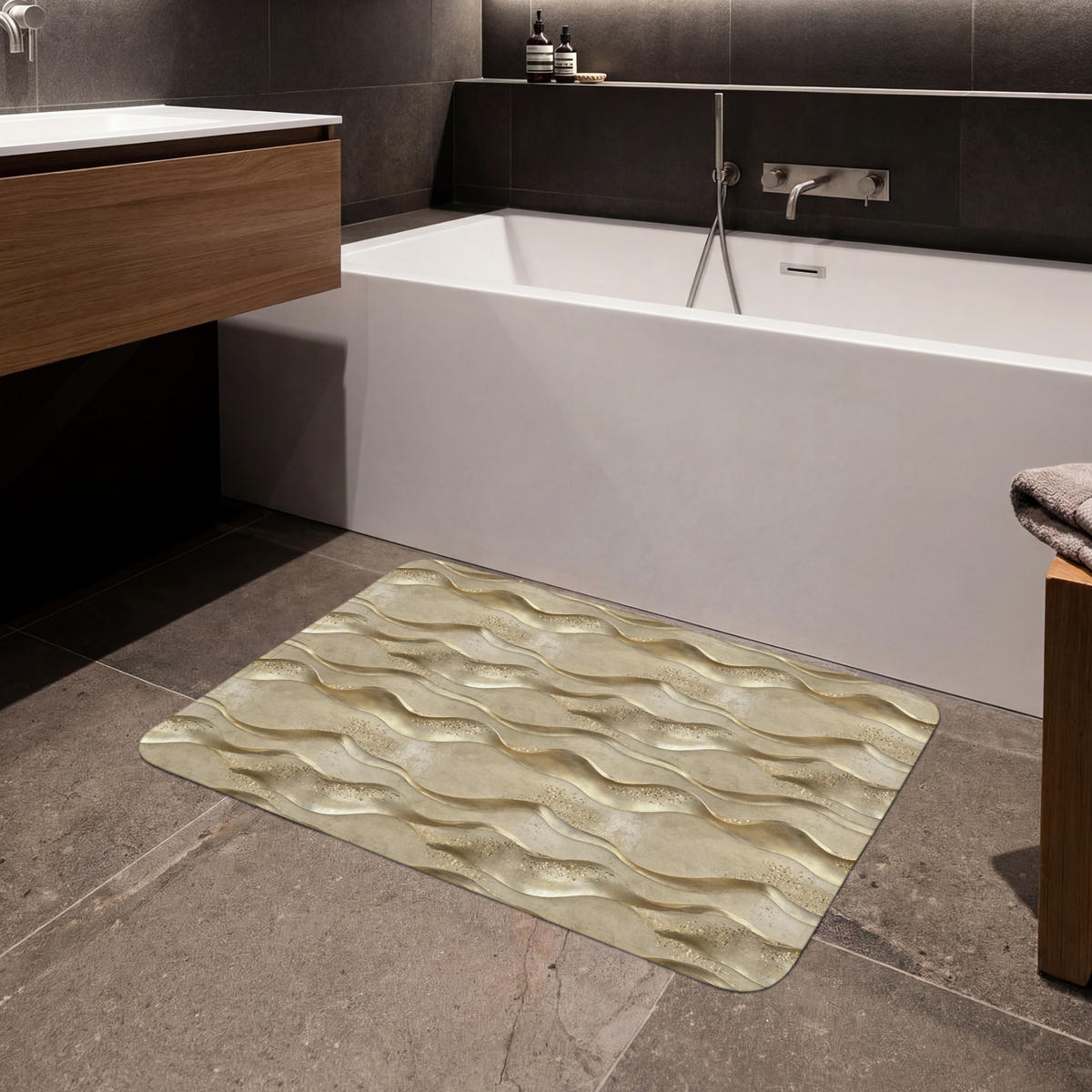 KOUPELNOVÁ PŘEDLOŽKA Vlny - vzor - zlaté 90x60 cm - barva mosazi, textil/plast (90/60cm)