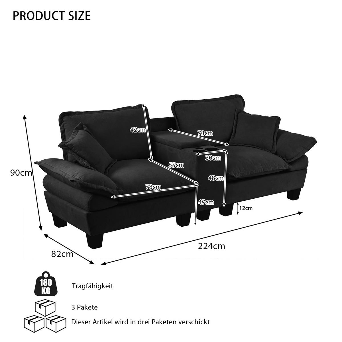 SOFA mit Stauraum und USB 224 x 82 x 90 cm Chenille Black - Schwarz, Holzwerkstoff (82/90/224cm) - Meubliv