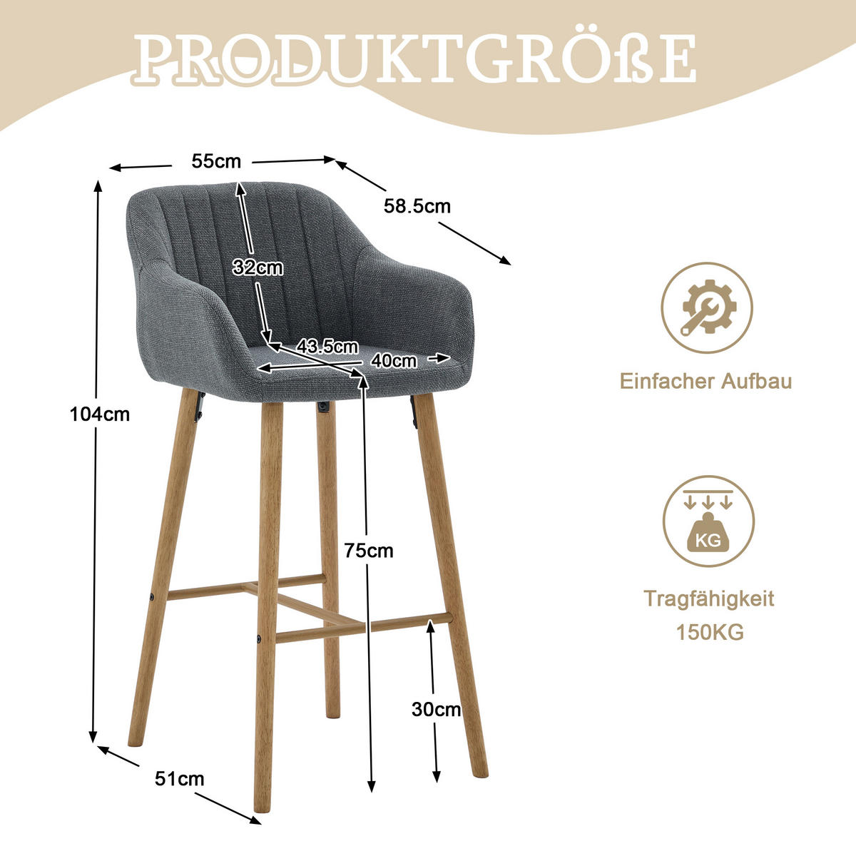 BARHOCKER,2ER-SET,BARSTÜHLE,KÜCHENSTÜHLE,LEINEN,GRAU - Grau, Textil (55/104/51cm) - LVHOM