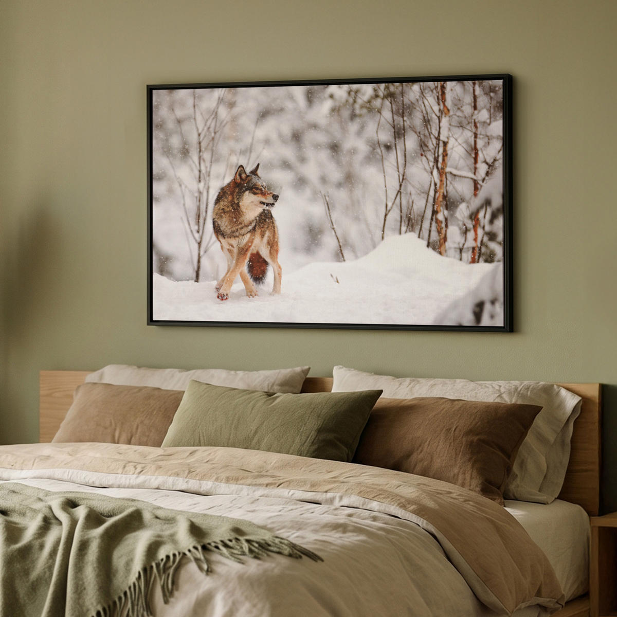 LEINWAND Bilder mit Rahmen - Wolf - Winter - Schnee - Natur - Tiere - 90x60 - Haselnussfarben, Textil (90/60cm) - MuchoWow