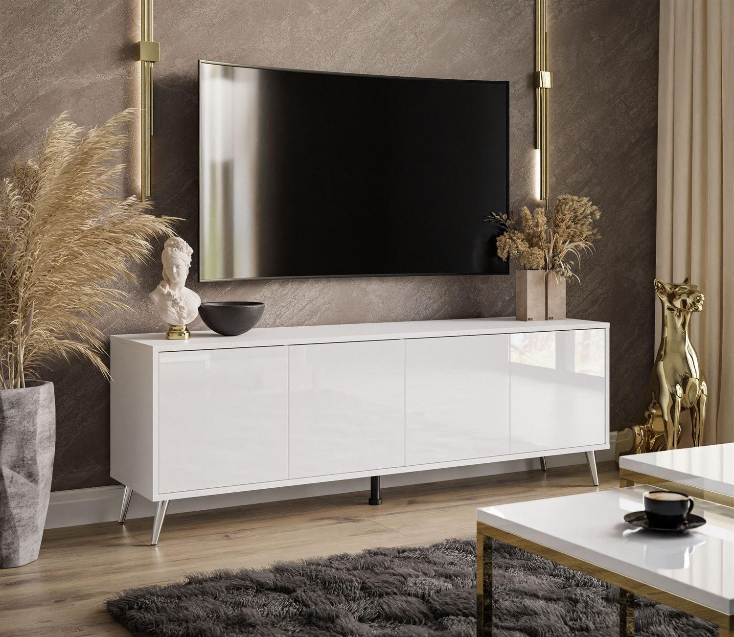 TV-ELEMENT SANAYI auf verchromten Beinen Hochglanz Weiß - Weiß, Holzwerkstoff (156/54/38cm) - Lookway