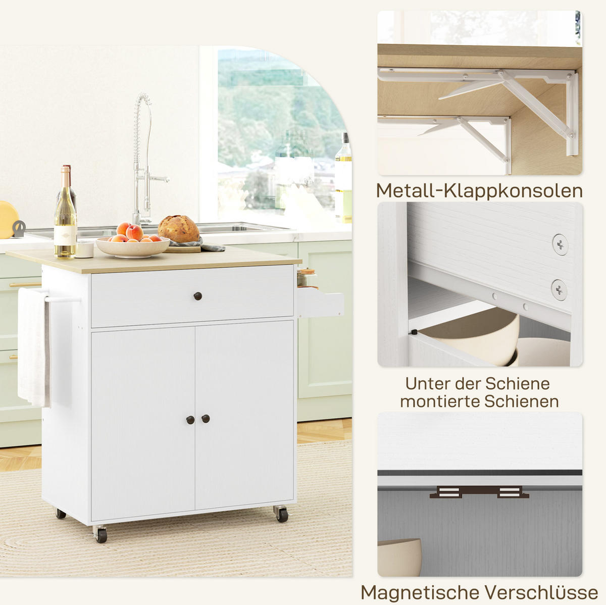 KÜCHENINSEL 106/87/42 cm Weiß aus MDF mit klappbarer Arbeitsplatte - Weiß, Holzwerkstoff (42/87/106cm) - OKMYHOME