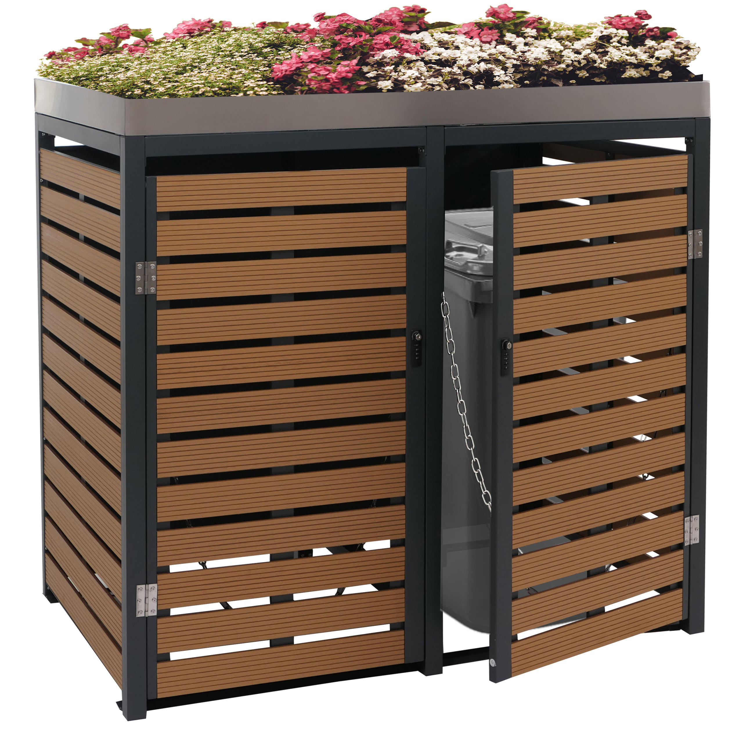 MÜLLTONNENVERKLEIDUNG 2er 124x134x84cm mit Pflanzkasten Teak-Optik - Braun, Metall (134/124/84cm) - PROREGAL