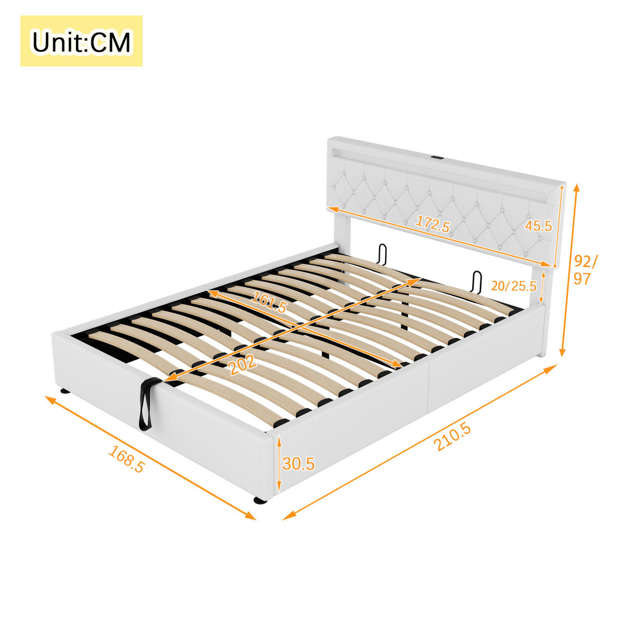 POLSTERBETT 160/200 cm mit LED-Beleuchtung, USB- und USB-C-Anschluss, hydraulischem Stauraum, Leinen, Weiß - Weiß, Textil (160/200cm) - Redom