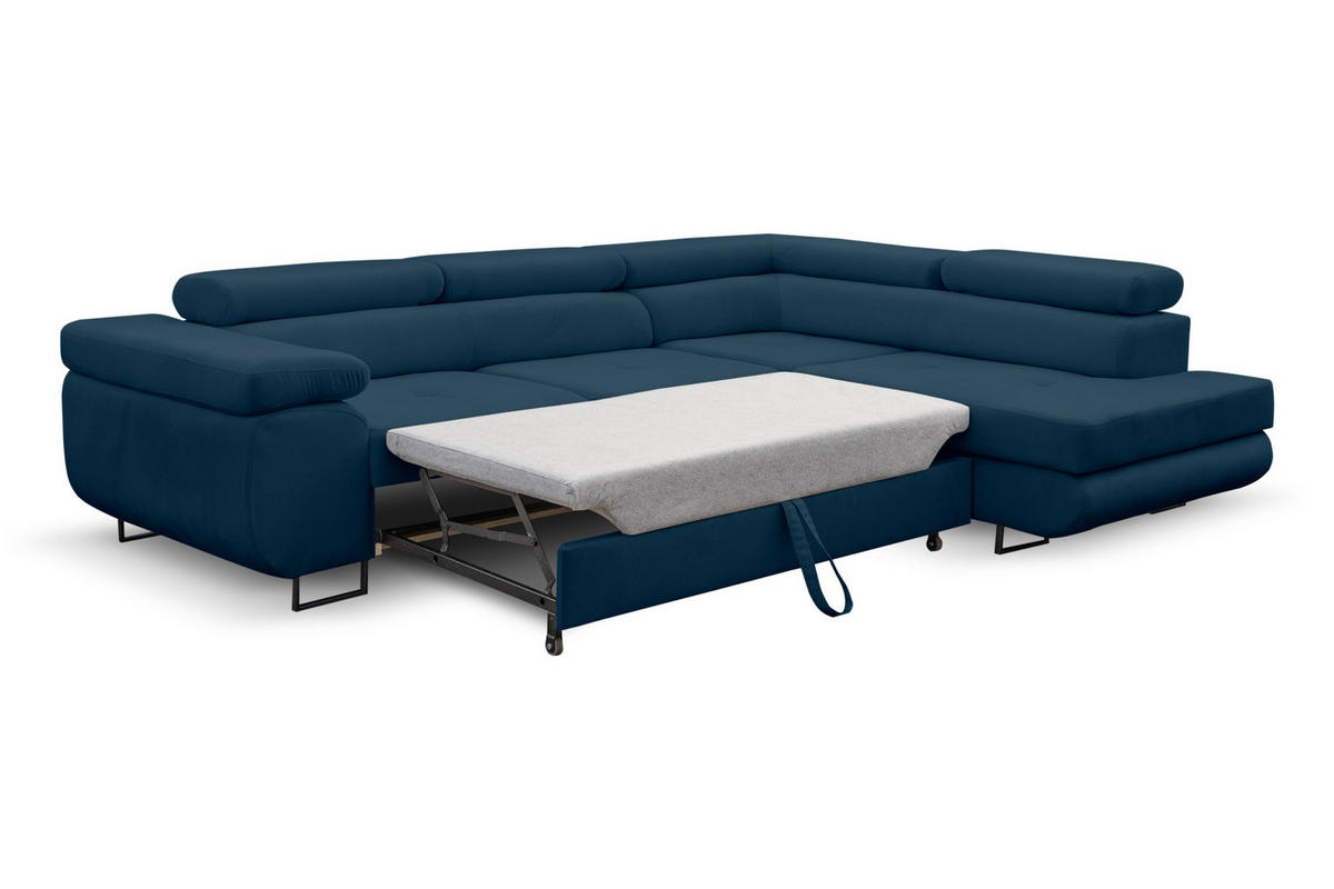 ECKSOFA Jerry in L-Form mit Schlaffunktion und Bettkasten, Farbe: Blau, Veloursstoff, Ottomane Rechts - Blau, Textil (275/202cm) - VENASI MÖBEL