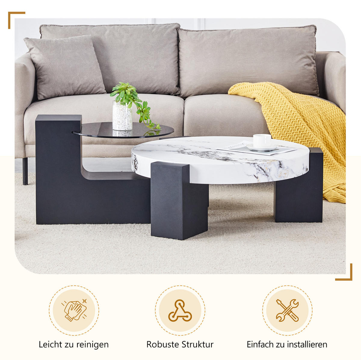 BEISTELLTISCH 61/30 cm Weiß/Schwarz aus MDF und Glas zerlegbar 2er Set - Schwarz, Holzwerkstoff (61/61/30cm) - OKMYHOME