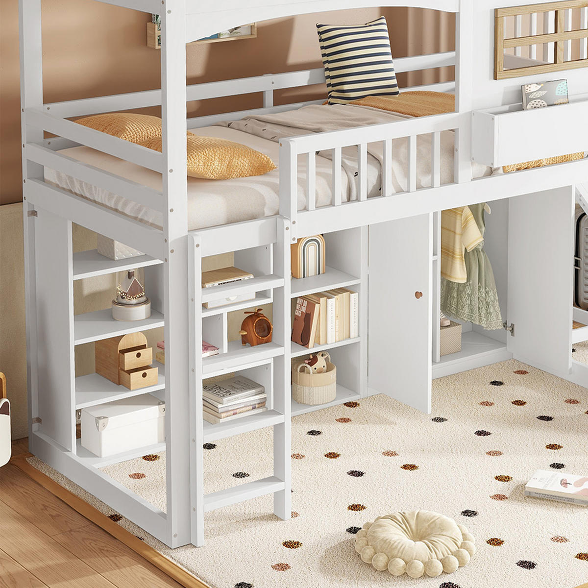 ETAGENBETT 90/200 cm Weiß mit Rutsche und Kleiderschrank aus Kiefer und MDF - Weiß, Holzwerkstoff (90/200cm) - OKWISH