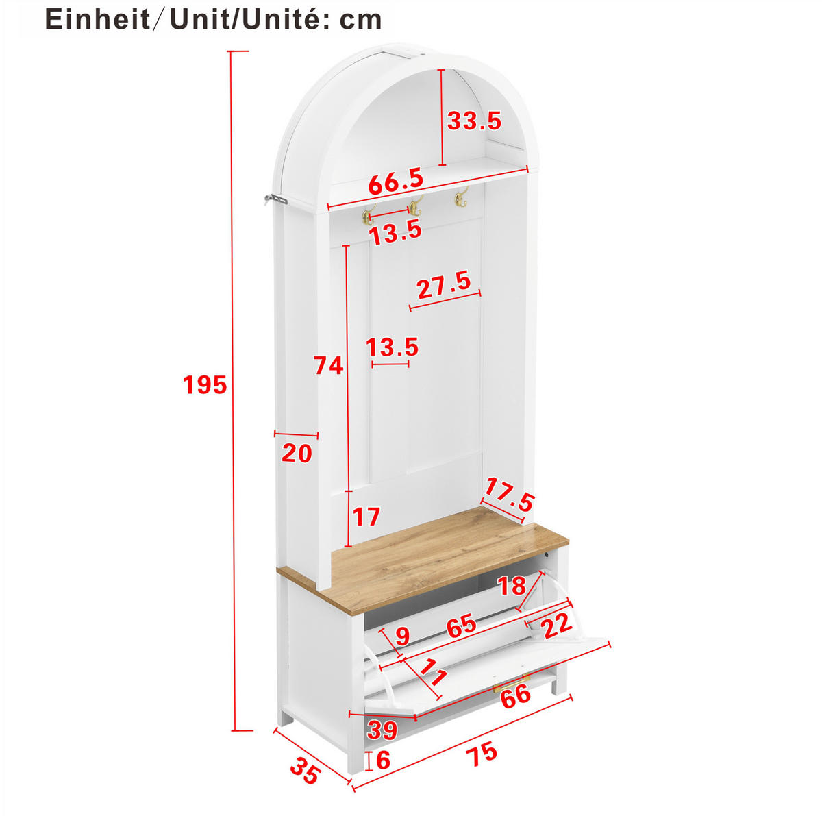 OMARA za oblačila 75/35/195 cm s kljukami, polico in prostorom za čevlje, MDF, Bela/Lesna - bela, leseni material (35/195/75cm) - Redom