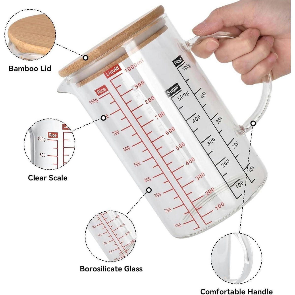 MESSBECHER Glas mit Deckel 1000 ml - Transparent, Glas (1L)
