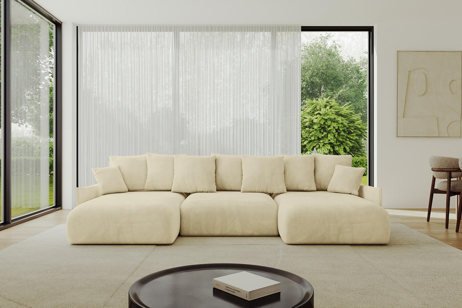 WOHNLANDSCHAFT mit Schlaffunktion und Bettkasten ONESK-U-v1 304x165x40 Beige Velours - Beige, Holzwerkstoff/Kunststoff (304/90/165cm) - ALTDECOR