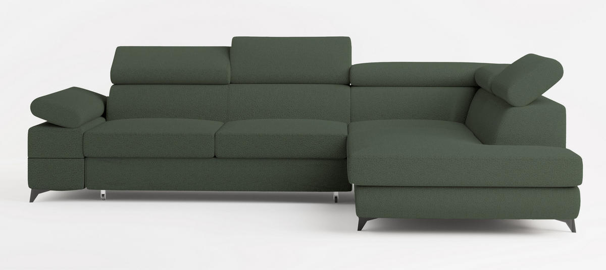 ECKSOFA FAVIEN R-S Grün Boucle-Stoff mit Schlaffunktion - Grün, Holz (257/190cm) - MASSENO