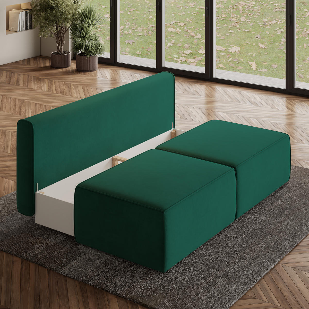 ECKSOFA VARNA M Grün Velours-Stoff mit Schlaffunktion - Grün, Holz (196/158cm) - MASSENO
