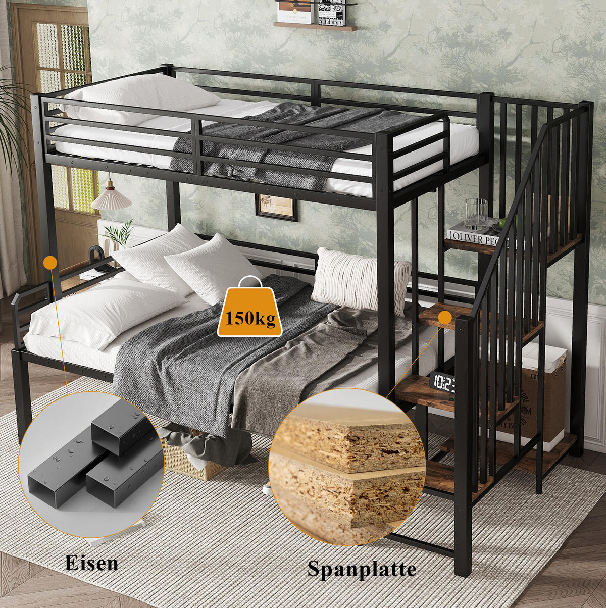 ETAGENBETT 90/120x200 cm in Schwarz mit Eckleiter und Stauraum - Schwarz, Holzwerkstoff (90/200cm) - BEAOK