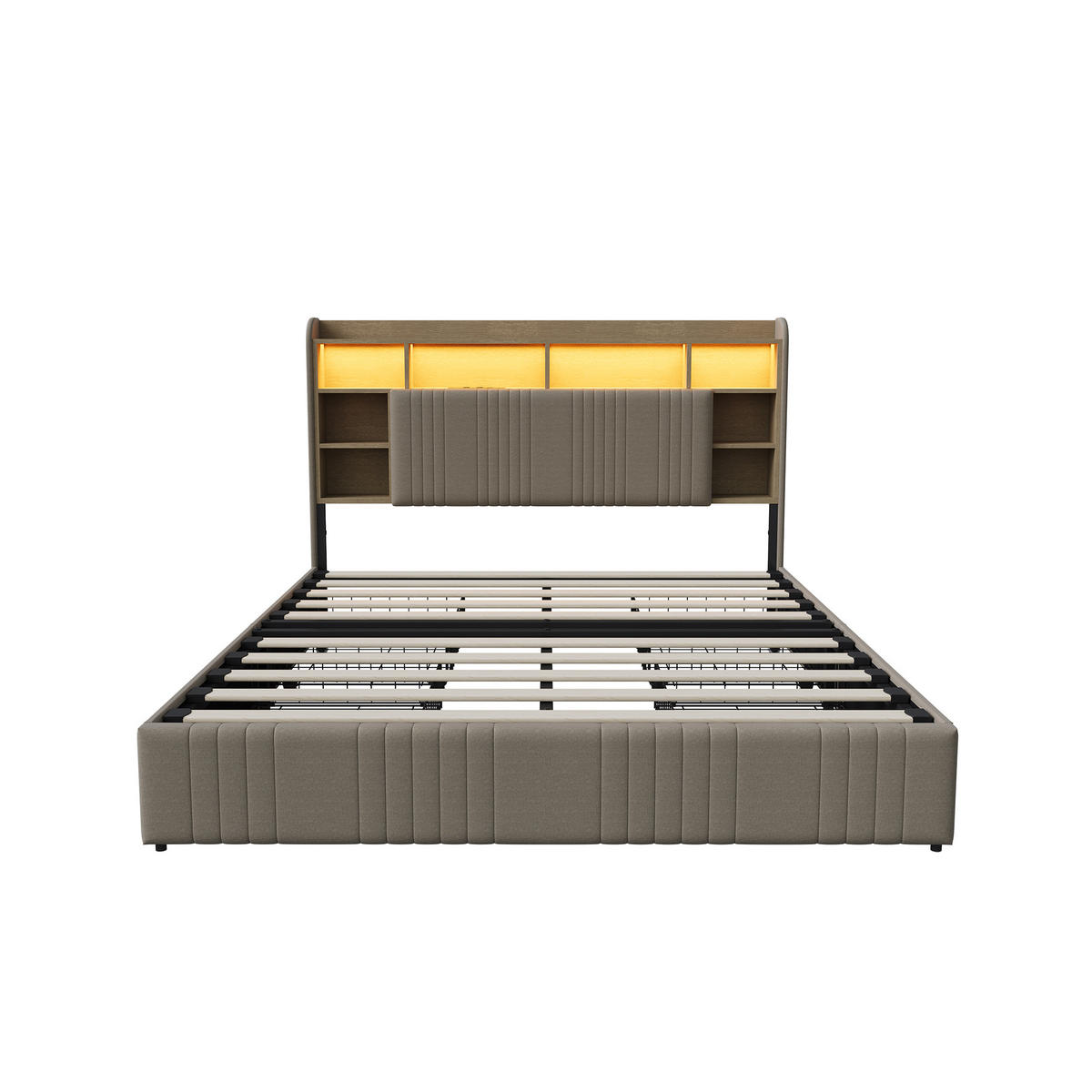 POLSTERBETT 160/200 cm Beige mit 4 Schubladen, LED-Kopfteil mit Ablage und USB - Beige, Metall (160/200cm) - EuroLiving