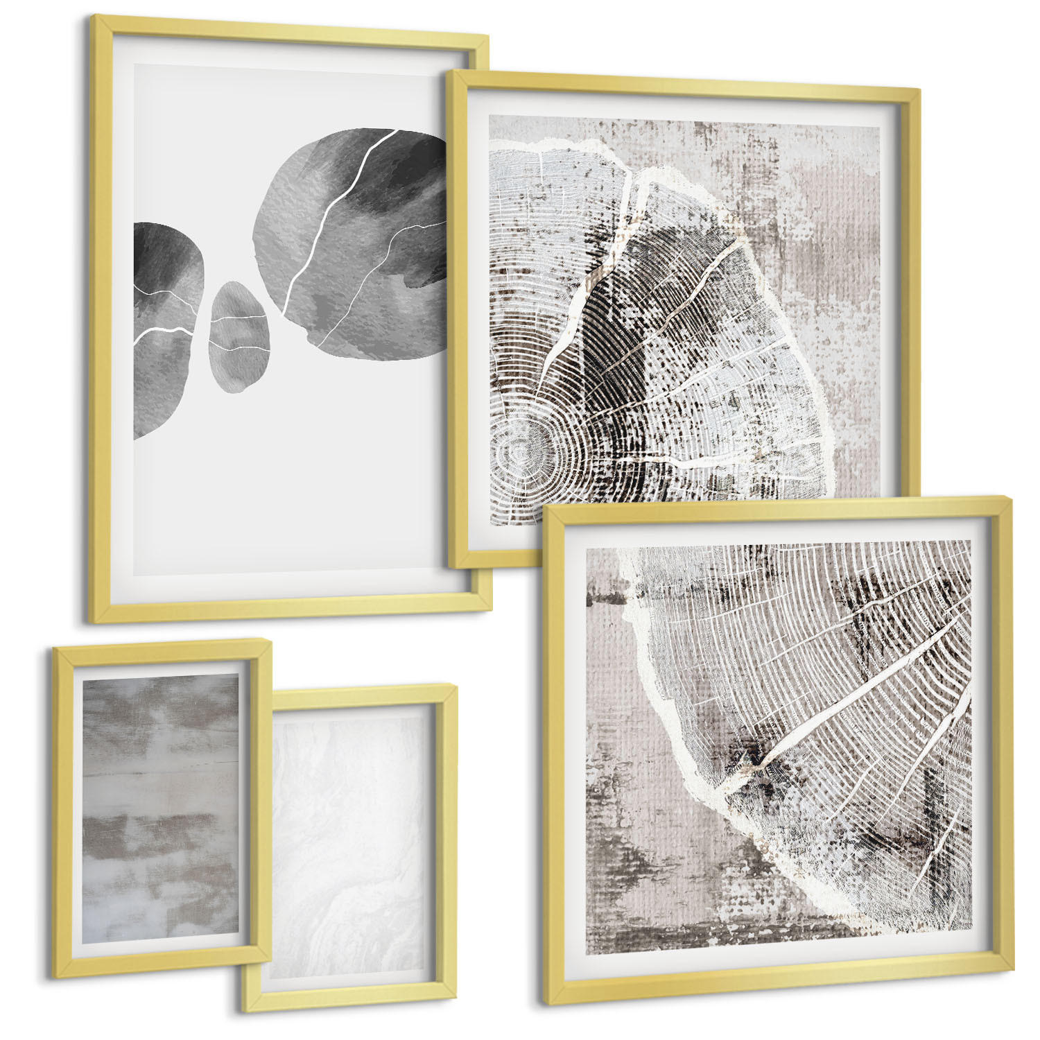 BILDER SET 5er Set - 50x50 cm & 20x30 cm & 40x60 cm Goldrahmen - Abstrakte moderne Formen - Goldfarben, Kunststoff (40/60cm) - TULUP