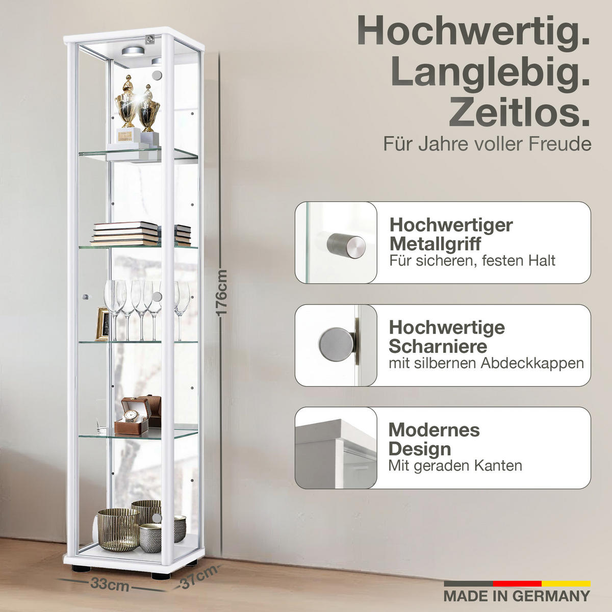 GLASVITRINE 33/37/176 cm mit Spiegel, LED, Schloss & 4 höhenverstellbaren Glasböden - Transparent/Silberfarben, Glas/Holzwerkstoff (37/176/33cm) - K-Möbel