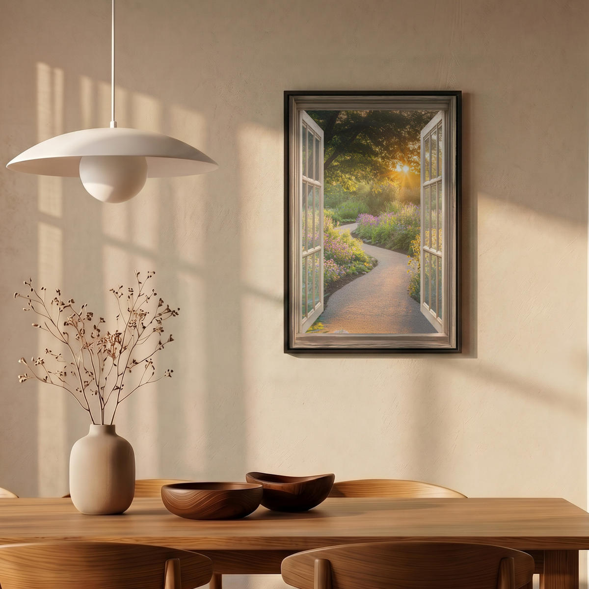 LEINWAND Bilder mit Rahmen - Aussicht - Blumen - Natur - Sonne - Weg - 40x60 - Hellgelb, Textil (40/60cm) - MuchoWow